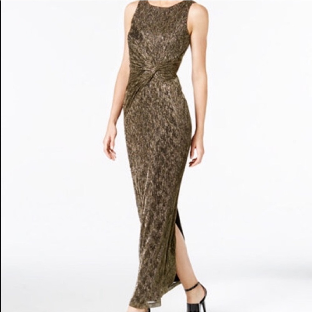 Calvin Klein Twist-Front Metallic Gown